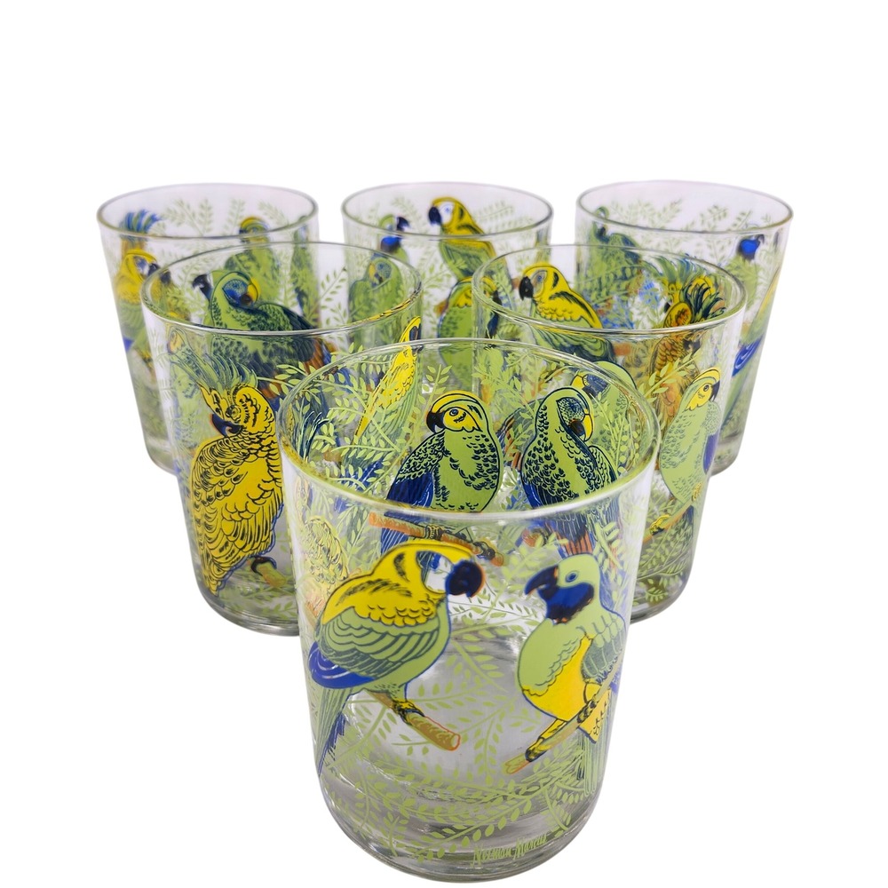 VTG Neiman Marcus Rocks Glasses Tropical Parrot Set of 6 Green Yellow Blue MCM